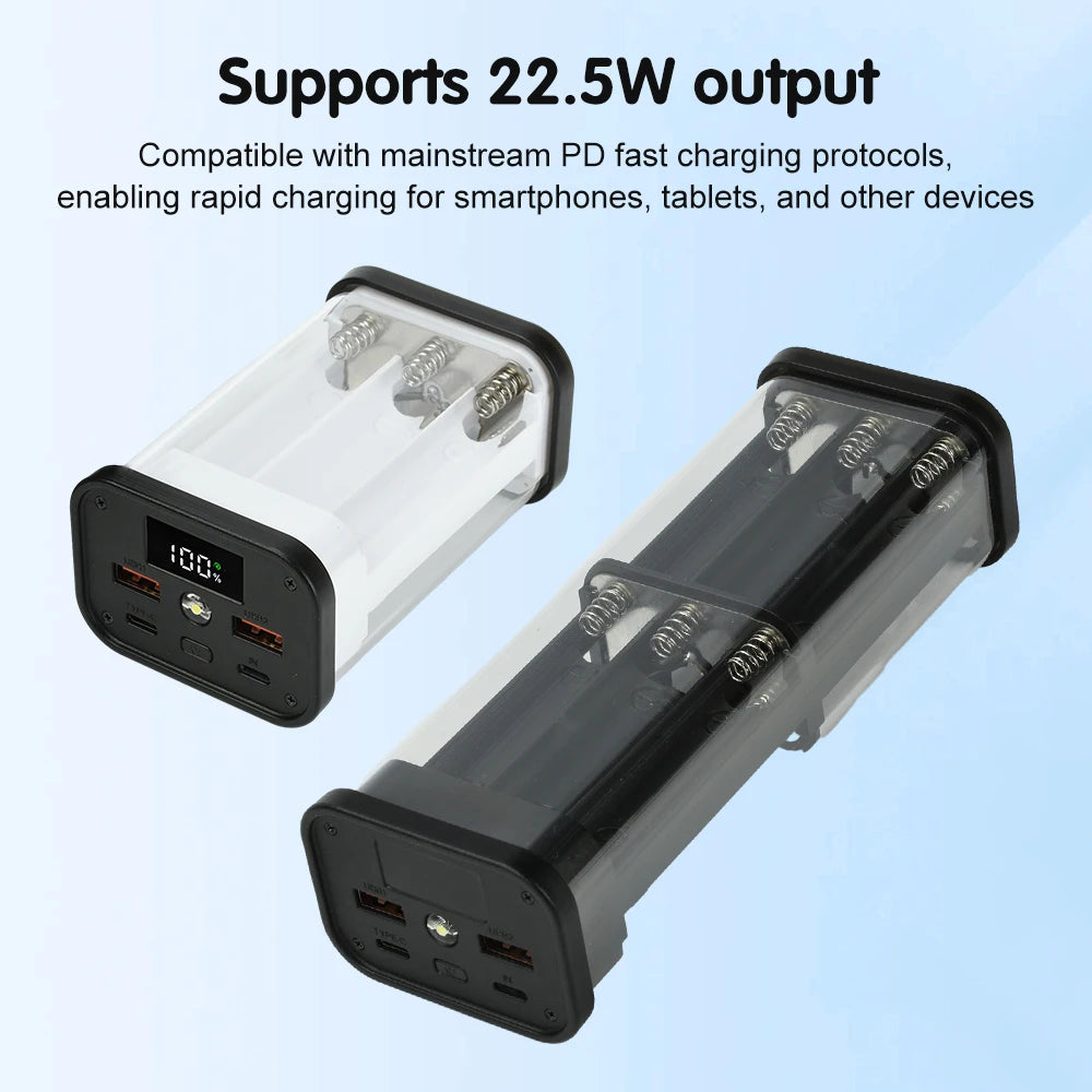 6/12 Slots 22.5W Power Bank Case Fast Charging LED Screen Battery Storage Box Transparent Mobile Power Bank Kit Type-C+USB Port