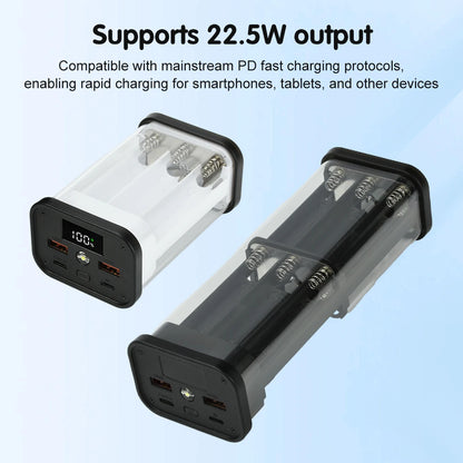 6/12 Slots 22.5W Power Bank Case Fast Charging LED Screen Battery Storage Box Transparent Mobile Power Bank Kit Type-C+USB Port