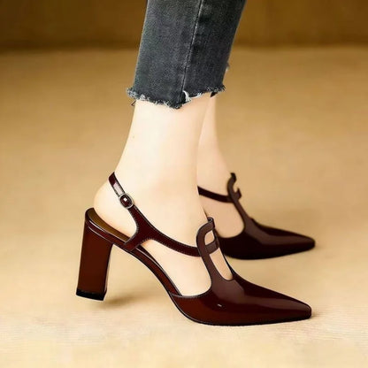 Women Pumps Pointed Toe Block High Heels Slingback Mary Janes Cutout Ankle Strap Elegant Office Career Dress Shoes