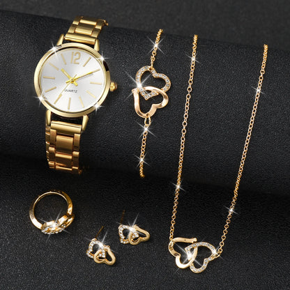 6PCS/Set Simple Scale Dial Women's Watch Fashion Gold Steel Band Quartz Watches Jewelry Set（Without Box）
