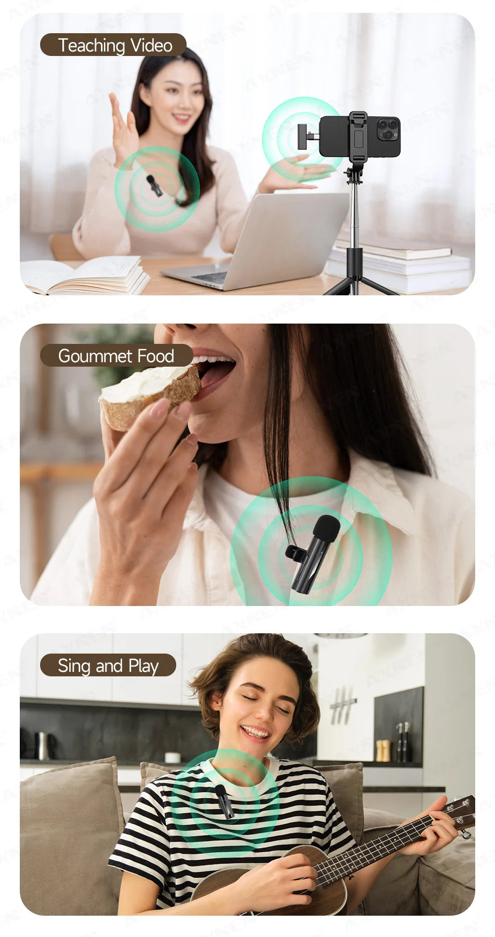 2-in-1 Wireless Lavalier Microphone for iPhone Android, Mini Pro Lapel Mic with Noise Reduction & Pickup for Vlog Live Recording