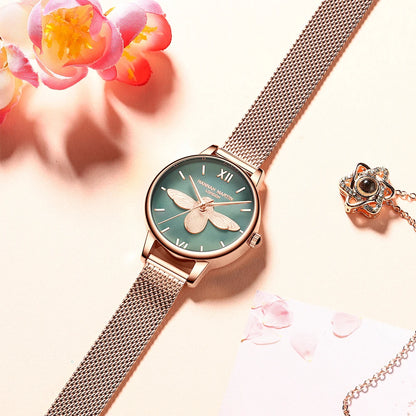 Hannah Martin 2023 New Women Luxury Watch Rose Gold 31mm Classic Casual Girl Dress Watch Bracelet Set 3D Engraved Bee Dial Clock