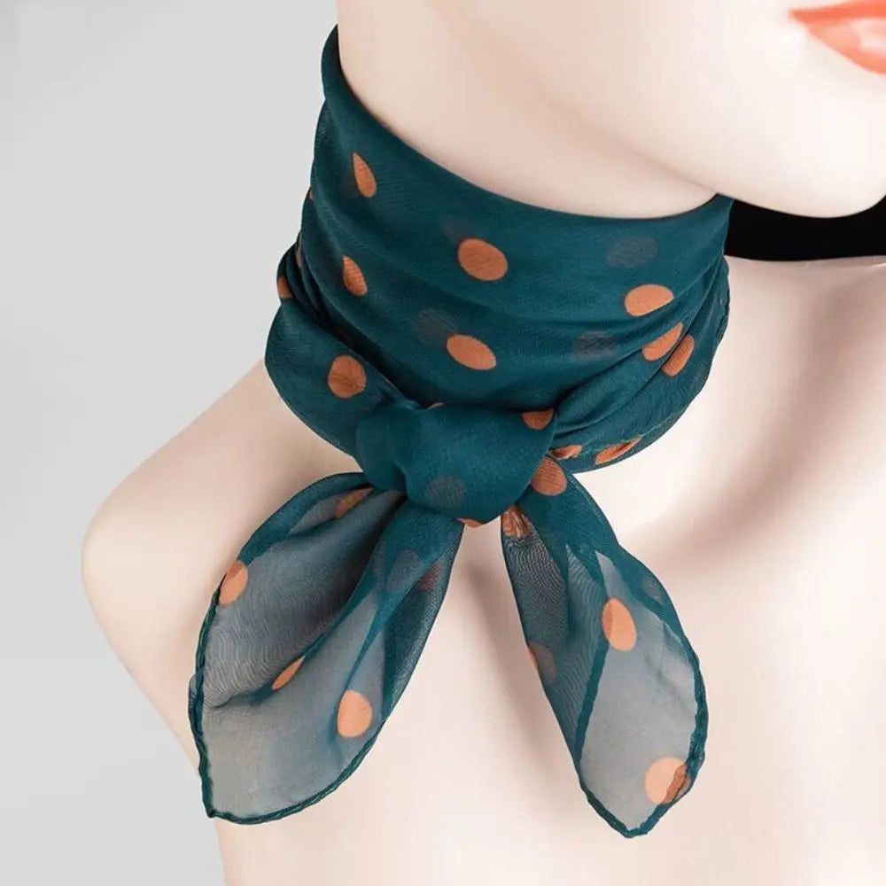 Summer Polka Dot Print Artificial Silk Scarf Thin Neck Warp Chiffon Soft Shawl Beach Sunscreen Square Women Neck Scarves