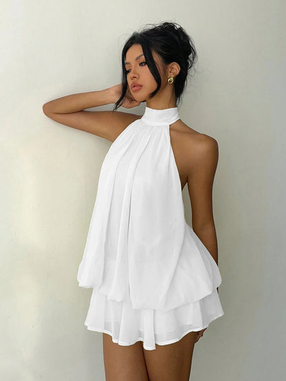 2026 Women's Elegant Halter Neck Sleeveless Ruffled Layered Chiffon Mini Dress Casual Summer Party Dress for Beach Vacation Y2K