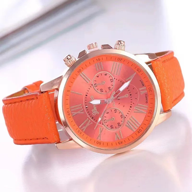 9-piece fashionable watch set, unisex quartz movement, round zinc alloy case, faux leather strap, none, mixed colors,