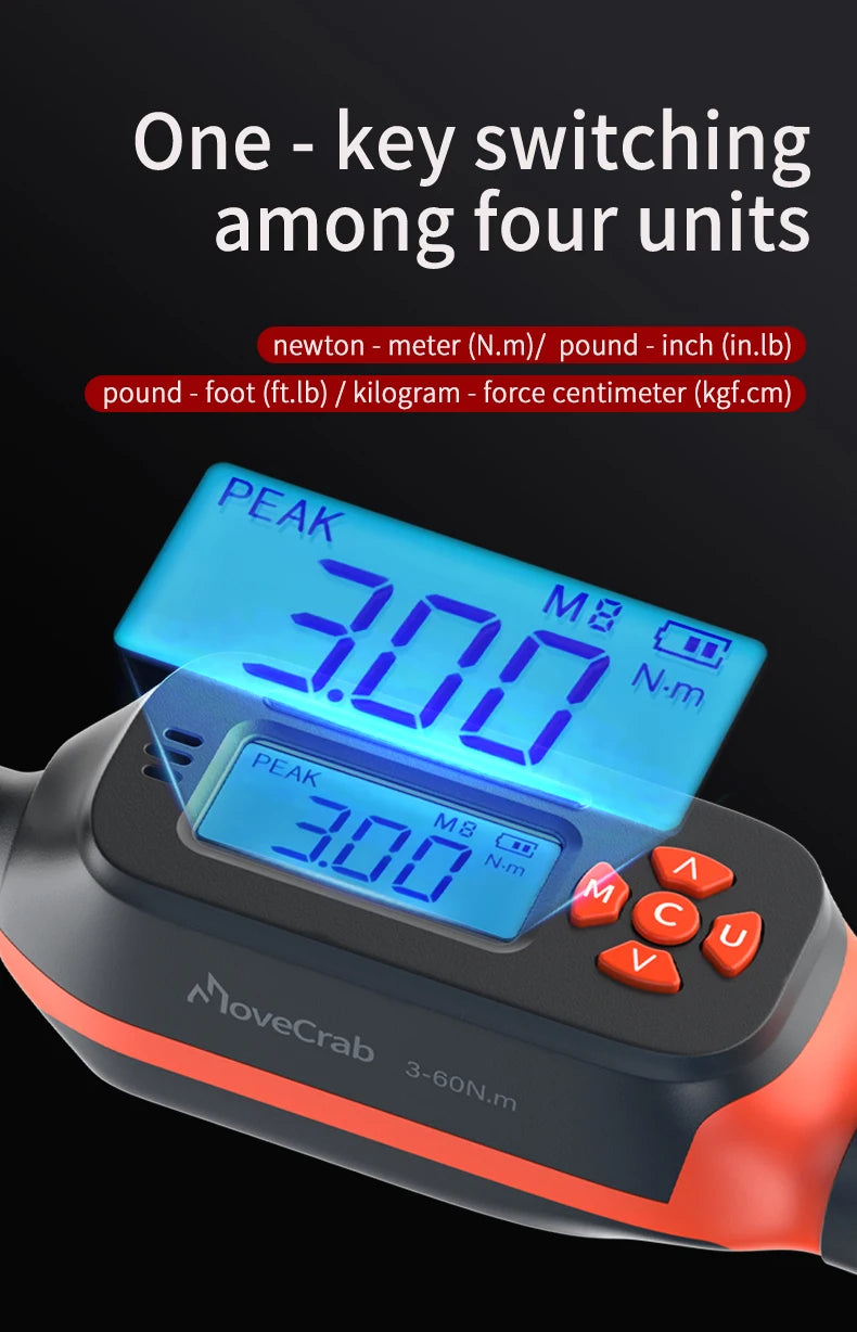 MOVECRAB Series Digital Torque Wrench 1.5-340N.m 2% Accuracy Preset Values with Buzzer, LED Flash & HandleVibration Notification