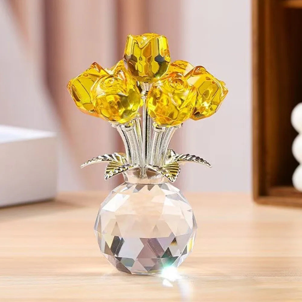 Creative Crystal Rose Sculpture Reflect Colorful Rose Bouquet Ornaments Small Handmade Crystal Rose Bundle Mother's Day