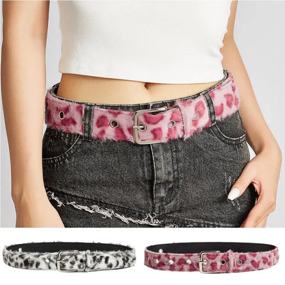 Retro Leopard Print Faux Fur Belt Y2k Pink Fur Belts Punk American Sexy Women's Waistband Winter Fluffy Waist Belt Accessories