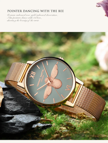 Hannah Martin 2023 New Women Luxury Watch Rose Gold 31mm Classic Casual Girl Dress Watch Bracelet Set 3D Engraved Bee Dial Clock