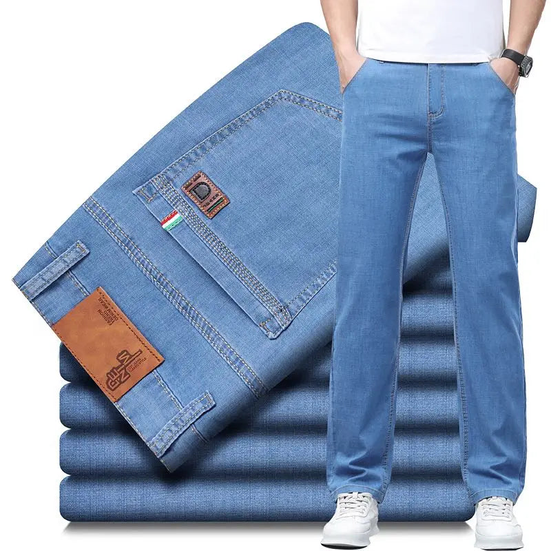 Classic Style Summer Men's Light Blue Thin Straight Jeans Business Casual Stretch Denim Pants Male Brand Loose Trousers