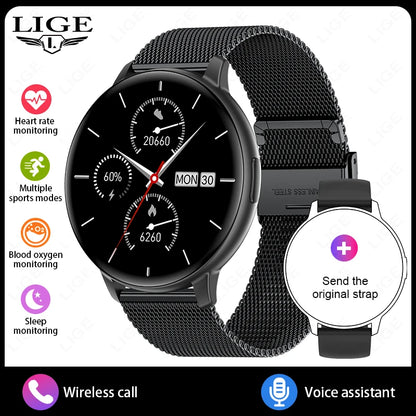 LIGE New Smart Watch Men Bluetooth Call Heart Rate Blood Oxygen Monitoring IP67 Waterproof Sports Men Smartwatch for Android ios