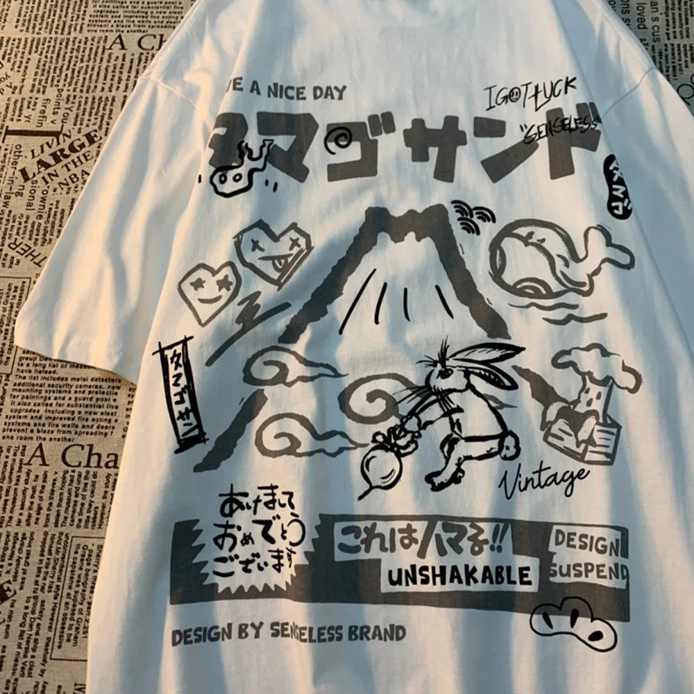 American Rabbit Volcano Retro Cartoon Print Short Sleeve T-shirt Women's Fashion Loose All-match Couple T-shirt Graphic T Shirts
