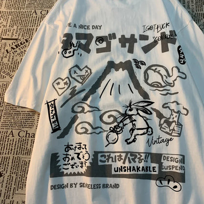 American Rabbit Volcano Retro Cartoon Print Short Sleeve T-shirt Women's Fashion Loose All-match Couple T-shirt Graphic T Shirts
