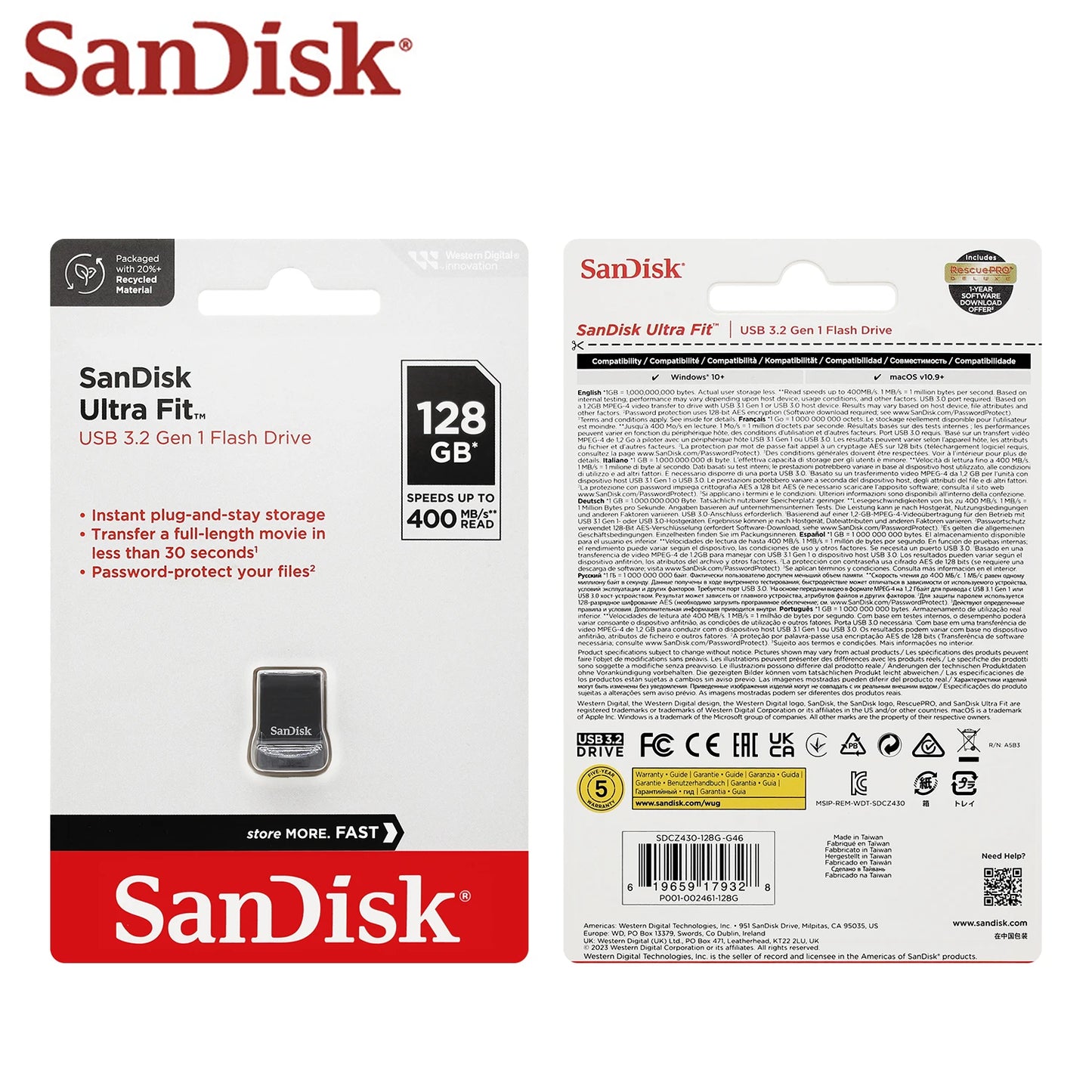 SanDisk Ultra Fit USB 3.2 Pendrive Mini 16GB 32GB 64GB 128GB 256GB 512GB CZ430 Pamięć USB Do 400 MB/s Dysk U