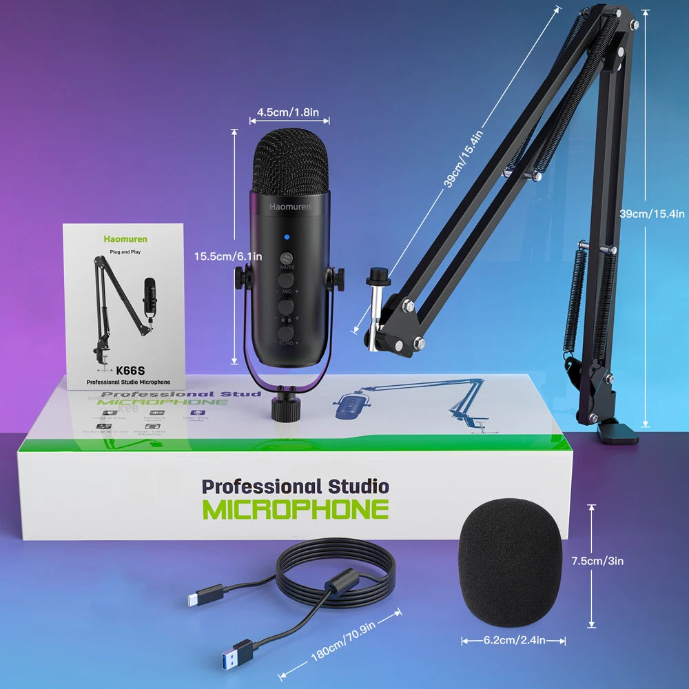 Haomuren Professional USB Streaming Podcast PC Microphone Studio Cardioid Condenser Mic Kit with Boom Arm For Recording YouTube