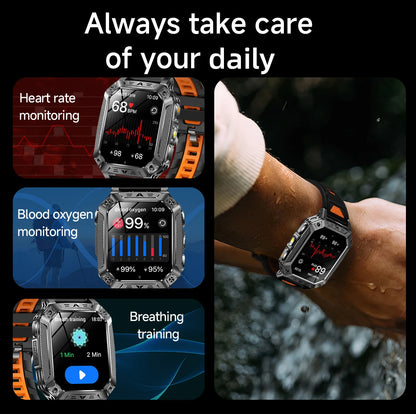 LIGE Wojskowy Inteligentny Zegarek 2.01'' Ekran HD Outdoor Sportowy Męski Zegarek SOS Czerwony Alarm Migająca Latarka Monitor Zdrowia Smartwatch