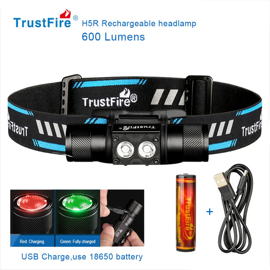 Latarka czołowa Trustfire H5R, 600 lumenów, podwójne diody LED, ładowana przez USB, reflektory, latarka czołowa 18650 do wędkowania, ze wskaźnikiem zasilania