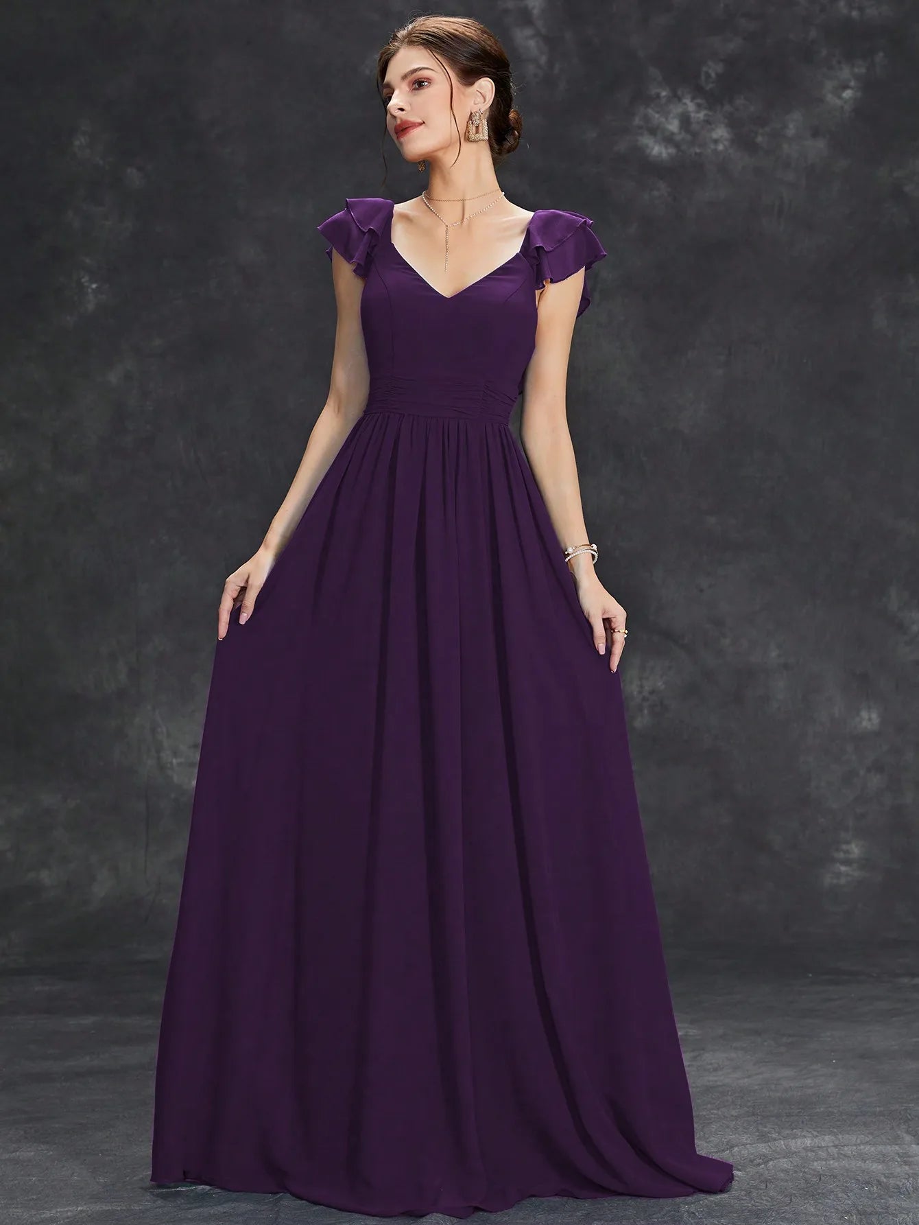 Mgiacy V-neck cap sleeve ruffle lace Extra long evening gown Ball dress Party dress Bridesmaid dress