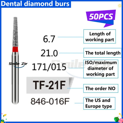 50Pcs Dental Dentist Diamond Burs Drill FG 1.6mm Bur for High Speed Handpiece FG Dental Bur Stomatology Dentistry Grinding Tools