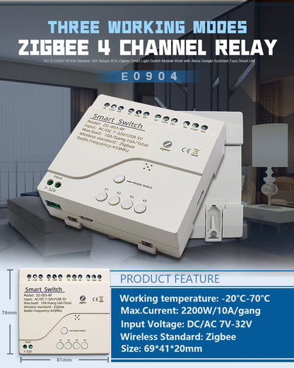 Tuya Zigbee Relay 4CH Smart Home Switch Module APP Remote Control Wireless Radio RF 433 4 Channel Relay for Zigbee Gateway Hub