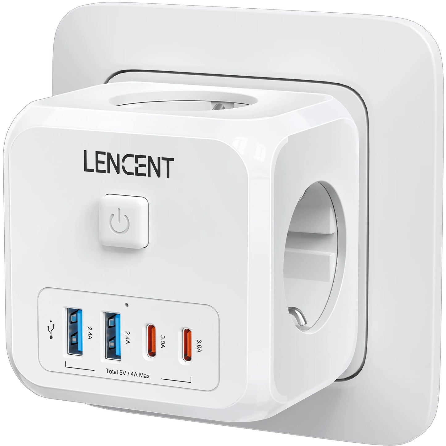 LENCENT EU Plug Power Strip with  3 AC Outlets +3 USB Charging Ports+ 1 Type C 5V 2.4A  Adapter 7-in-1 Plug Socket On/Off Switch