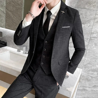 Suit New Style (Blazer+ Vest + Pants) Men's Fashion Business Outdoor Trend Striped Casual Slim-fit Wedding Host Gentleman's Suit
