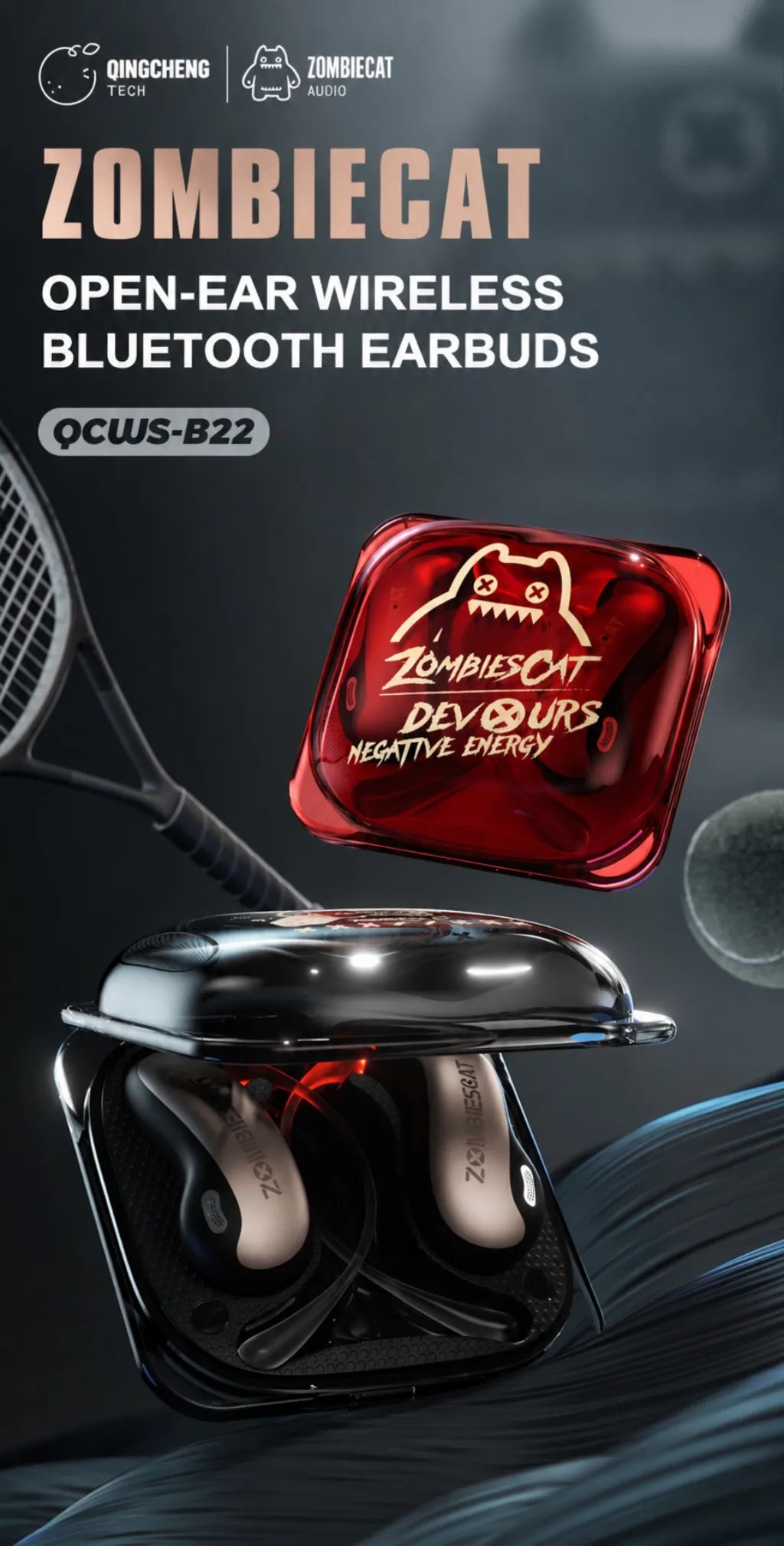 ZOMBIECAT B22 Open Ear Wireless Earbuds Bluetooth 6.0 14mm Driver Sport Headphones LED Light AI Translation for Running Cycling