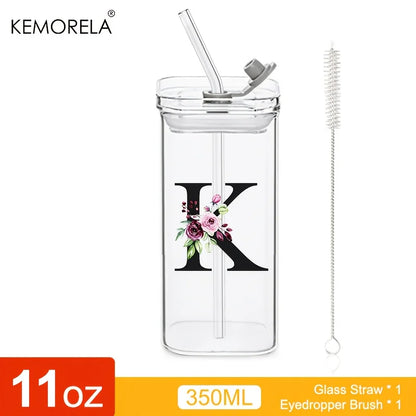 1PCS 24 Letter-Shaped Glass Tumblers with Lid And Straw Coffee Tumbler 300ML Clear Square Drinking Tumbler For Coffee Beer Milk
