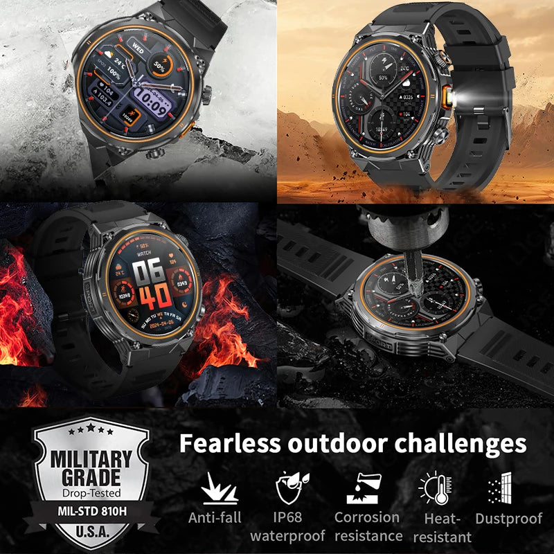 LIGE 2026 Nowy Zewnętrzny Wojskowy Zegarek Smartwatch z Baterią 400 mAh, Wodoodporność 5ATM, Latarka, Monitor Tętna, Tracker Sportowy dla Mężczyzn