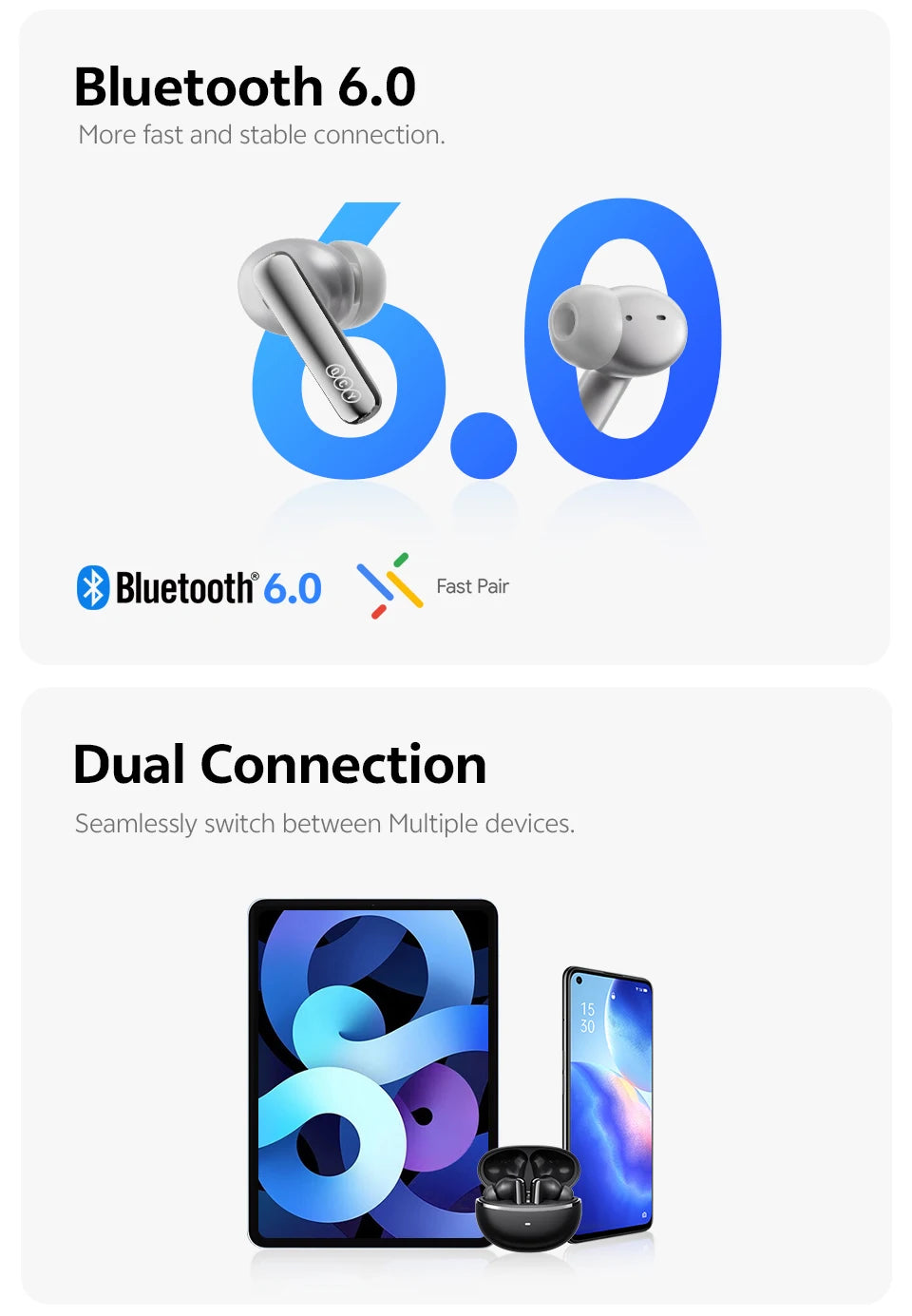 QCY MeloBuds N70 Adaptacyjne ANC Bezprzewodowe słuchawki douszne Bluetooth 6.0 LDAC Hi-Res Audio 6 mikrofonów Ładowanie bezprzewodowe Słuchawki 50 godzin IPX5