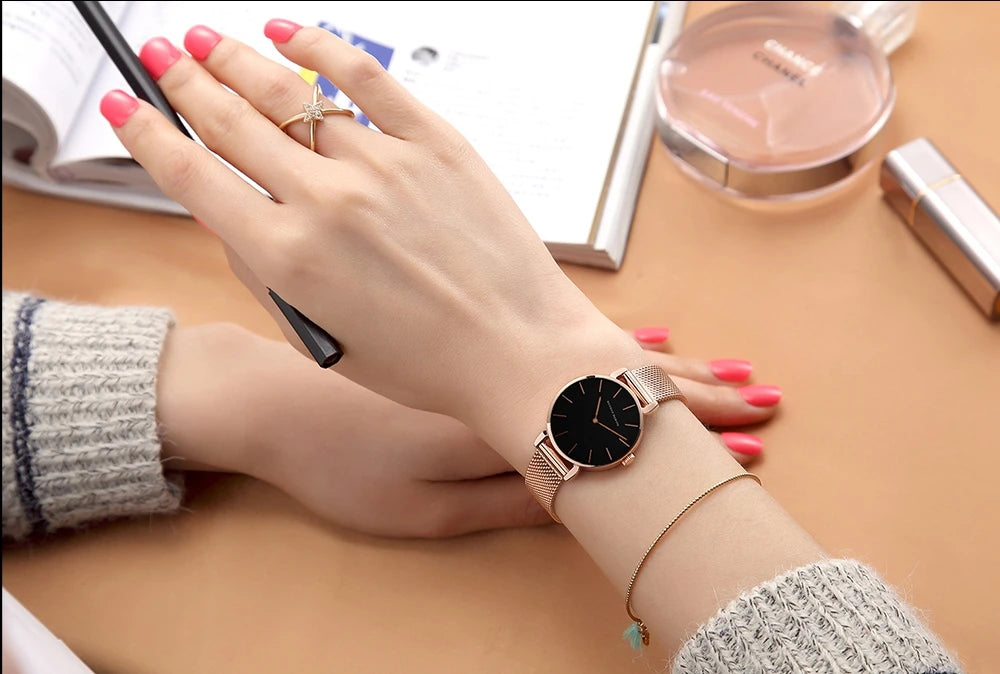 2023 New Women Bracelet Watch 1 Set Japan Quartz Movement Simple Rose Gold Stainless Steel Mesh Student Watches Relogio Feminino