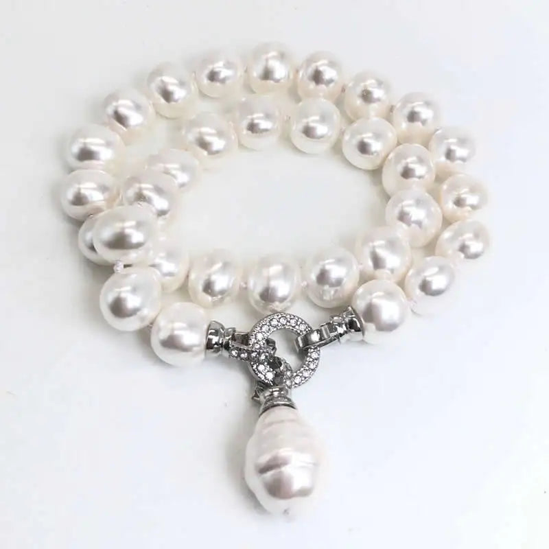 Luxury style Cultured 12-15m White Potato Freshwater Pearl Necklace Cz Pave Shell Pearl Pendant Weddding