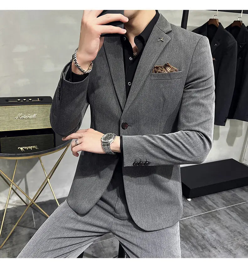 High quality Korean slim fit (suit + trousers) Fashion business handsome casual solid color wedding suit two-piece set