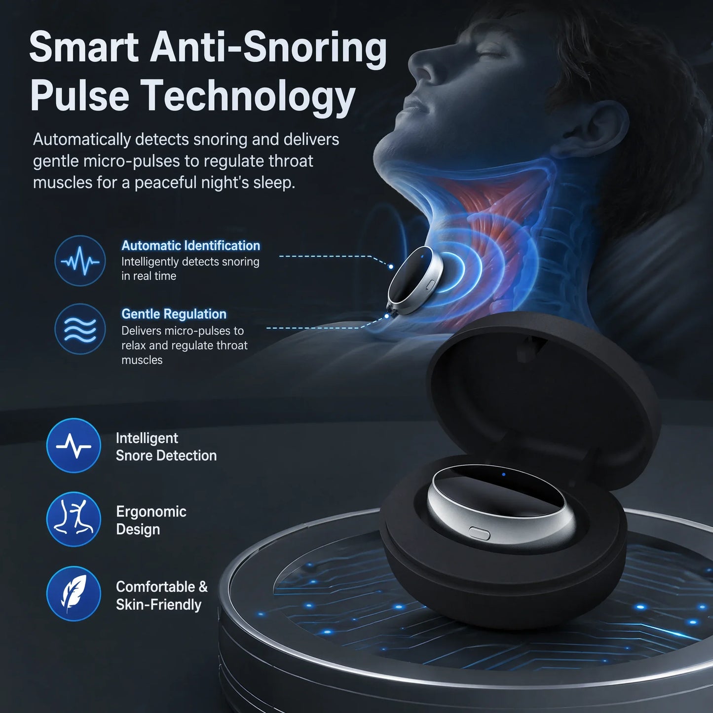 Smart Anti-Snoring Device TENS Pulse Snore Stopper Portable Sleep Aid Health Noise Reduction for Improved Sleep Quality