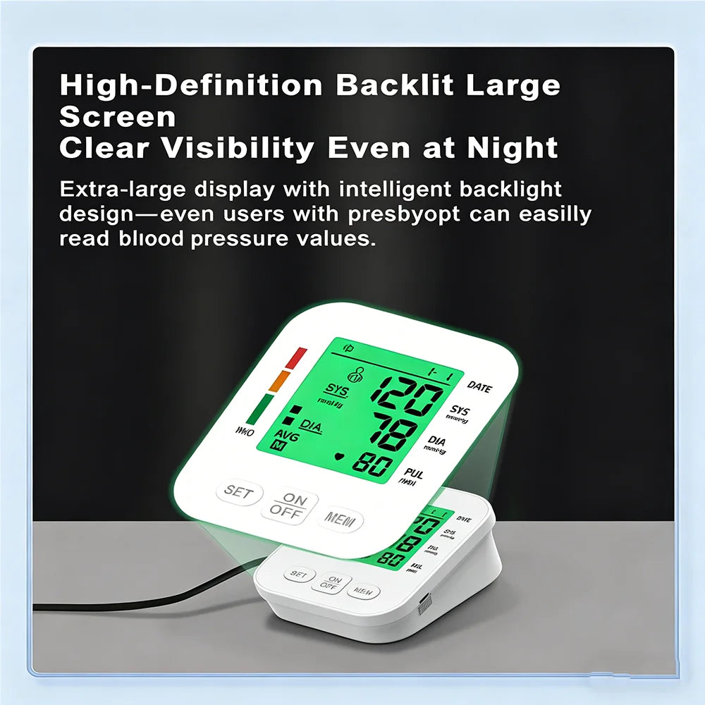 3 Color Backlight Blood Pressure Monitor Upper Arm Pressure Device Automatic BP 36cm Cuff Machine for Medical Home Health Care