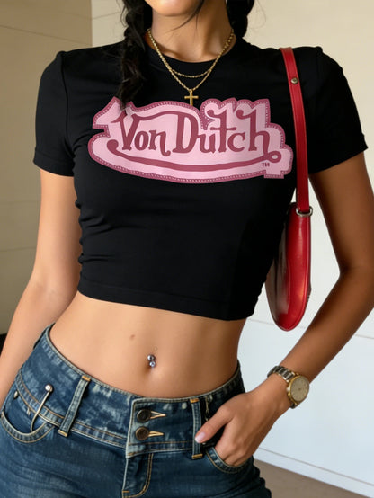 Women's Retro Letter Pattern Printed Round-neck Baby Tee Summer New Short Sleeve Crop Tops Casual Sports Short-Sleeved Y2k Tees