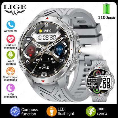 LIGE 1100mAh Military Outdoor Smart Watch Men 1.7" Large Display Compass Sports Watch IP68 Waterproof Bluetooth Call Smartwatch