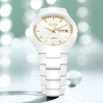 LIGE Women's wristwatch elegant women's watch ceramic quartz waterproof clock week calendar fashion Watch for Women reloj mujer