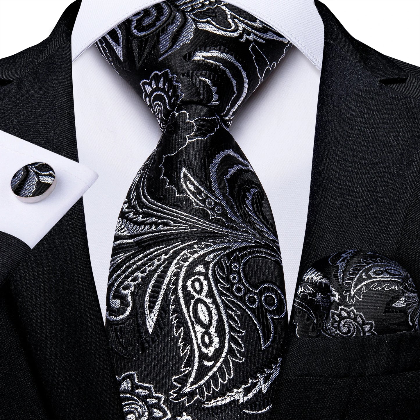 Black And Silver Paisley Floral Men's Ties Gray Blue Pink Wedding Accessories Neck Tie Set Handkerchief Cufflinks Gift For Men