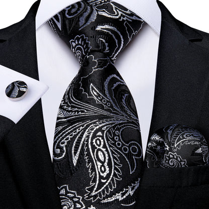 Black And Silver Paisley Floral Men's Ties Gray Blue Pink Wedding Accessories Neck Tie Set Handkerchief Cufflinks Gift For Men