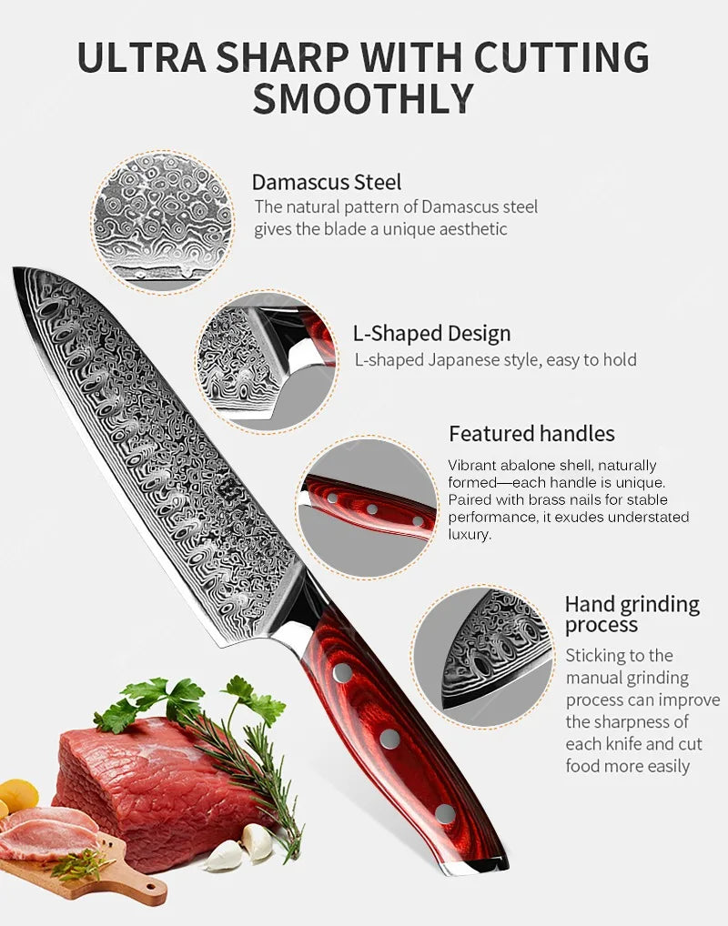 TAMZUO 7" Kitchen Santoku Knives Japanese Damascus Steel VG10 Kitchen Cooking Knife Meat Cutting Fruit Knife Wooden Handle