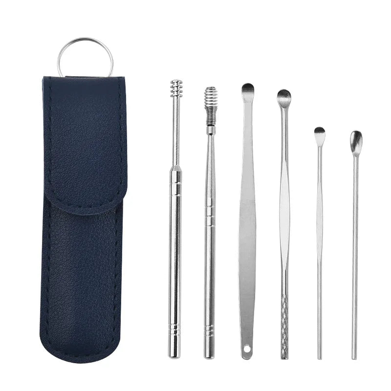 Ear Cleaning Tool Stainless Steel Ear Pick Kit &1 Set Storage Bag Earwax Remover Tool Earpick Wax Remover Remover Piercing Kit