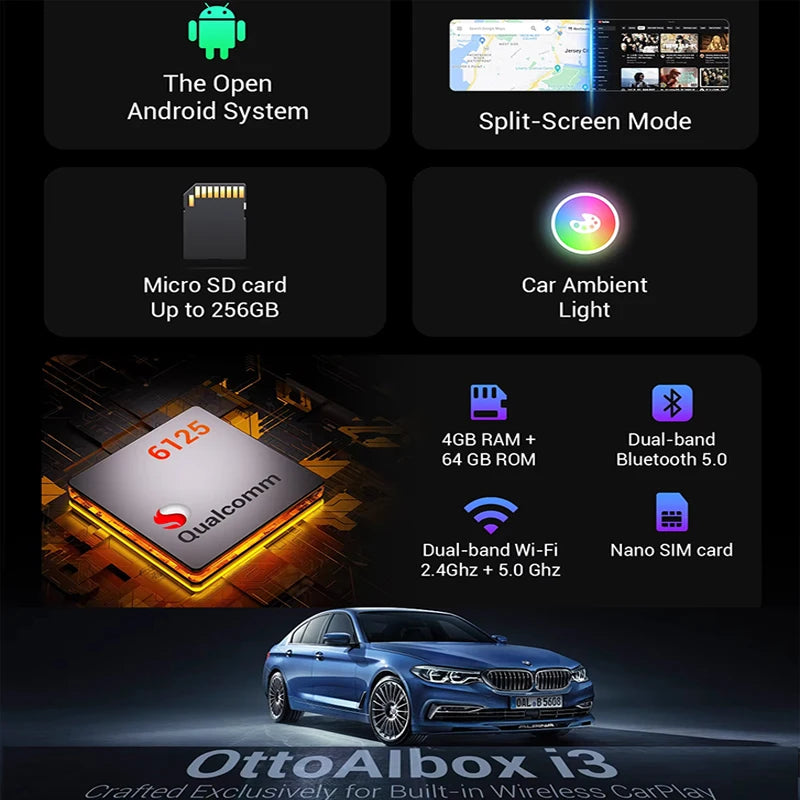 OTTOCAST i3 Carplay Ai Box Wireless CarPlay Adapter Android 13 QCM 6125 Play Store Netflix Youtube Video Box for BMW MG Hyundai