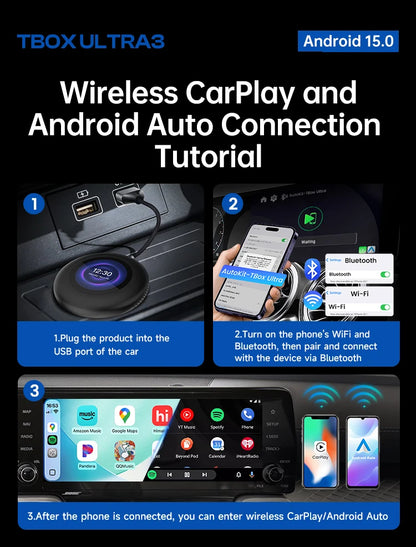 Ultra3 Android Tv Box Android 15 Wireless Carplay Adapter QCM6350 Smart Car Ai Box Carplay For BMW Netflix Youtube 5G LTE