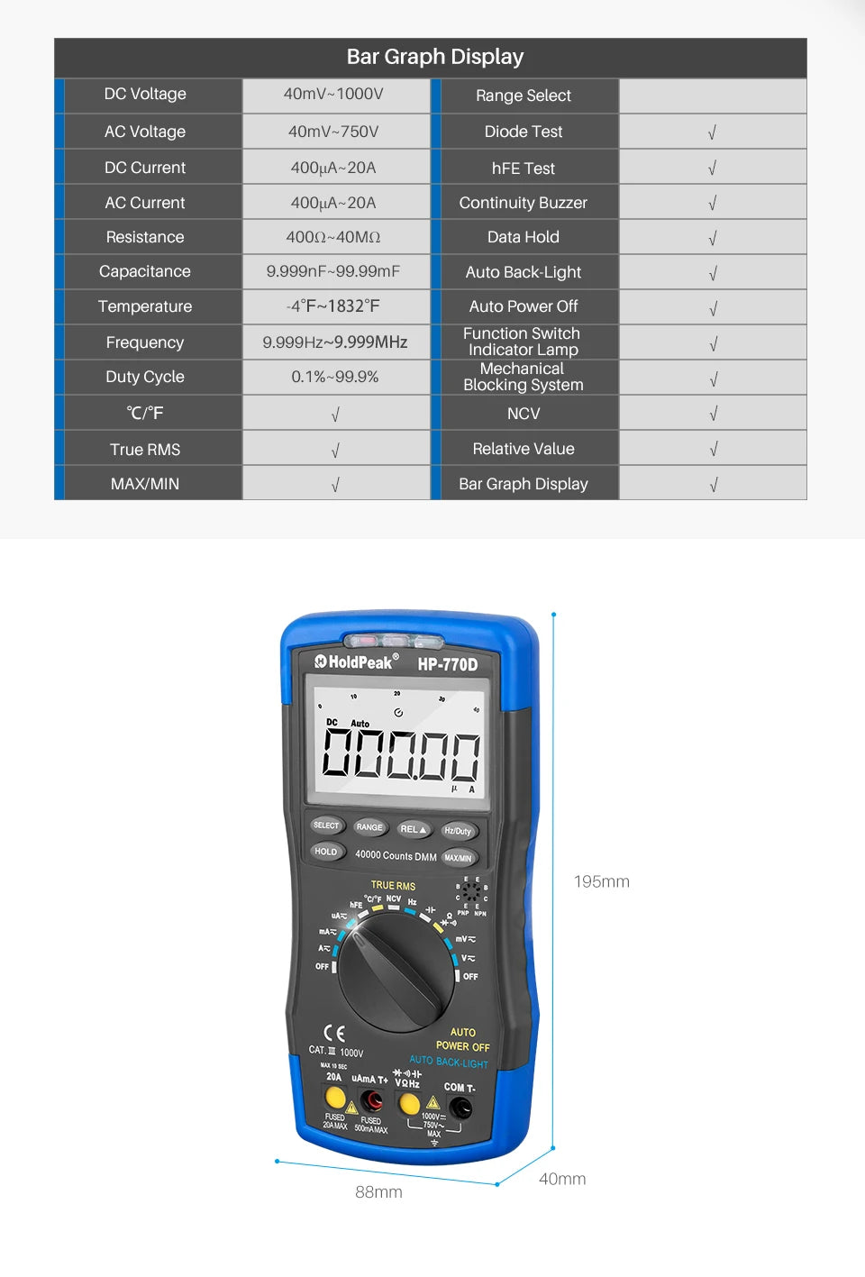 Multimetr cyfrowy HP-770D True RMS 40000 zliczeń z automatycznym wyborem zakresu i funkcją NCV, tester napięcia i prądu z testem temperatury