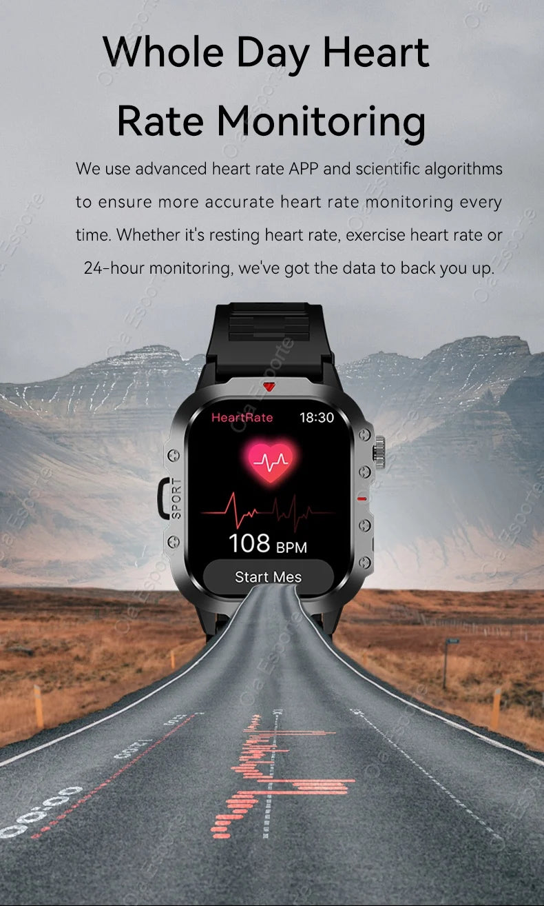 2026 New Military Smart Watch Men IP67 3ATM Outdoor Sports Fitness Tracker Blood Pressure Health Monitor BT Calls GPS Smartwatch
