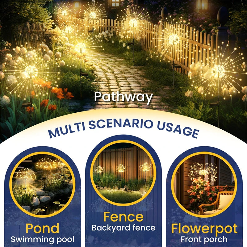 Solar Firework Light 90-200LED Outdoor Garden Decor Waterproof Auto On/Off Energy Saving Easy Installation Party Wedding Decor