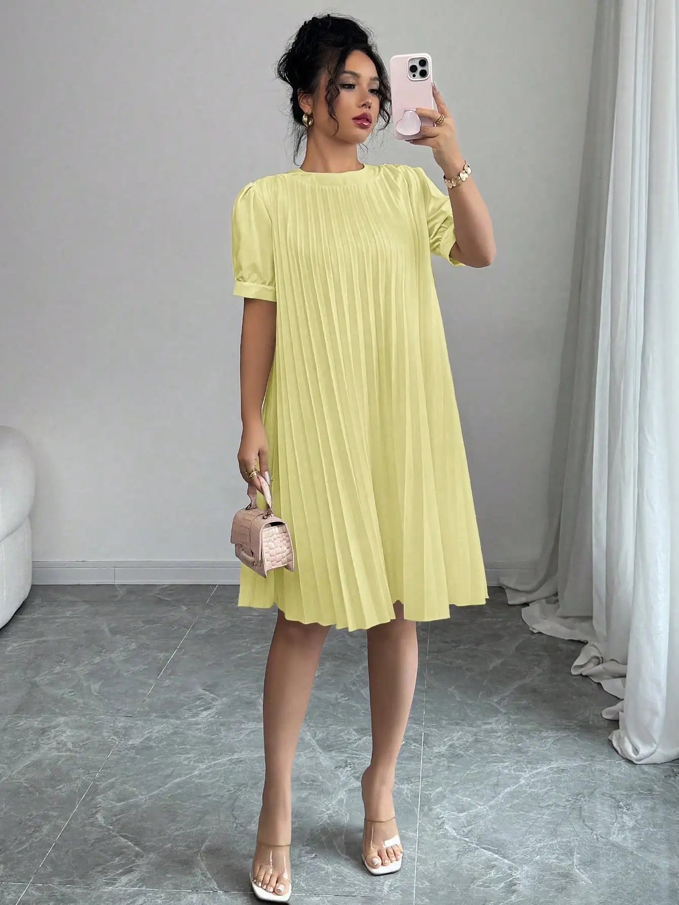 Women's Pure-Color Pleated Puff Sleeve Midi Dress - Elegant Round Neck Loose A-Line Swing Dress for Office, Casual Daily Holiday