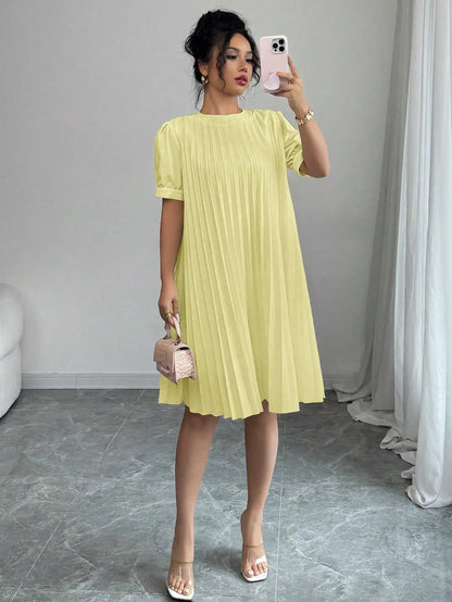 Women's Pure-Color Pleated Puff Sleeve Midi Dress - Elegant Round Neck Loose A-Line Swing Dress for Office, Casual Daily Holiday