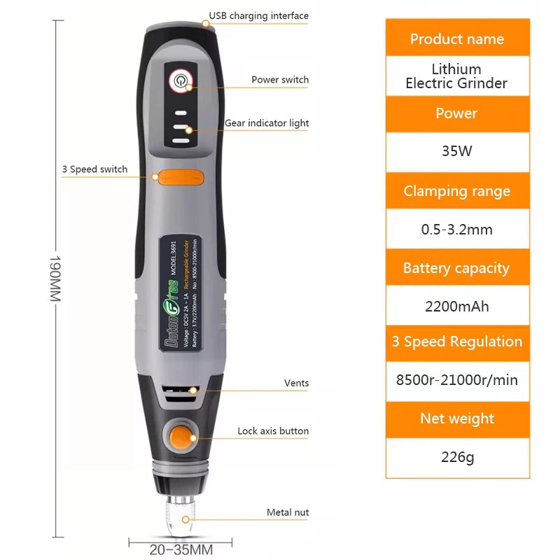 35W Rechargeable Electric Drill 3 Speed Engraving Pen USB Cordless Rotary Tool For Jewelry Metal Dremel Tools 8500r-21000r/min